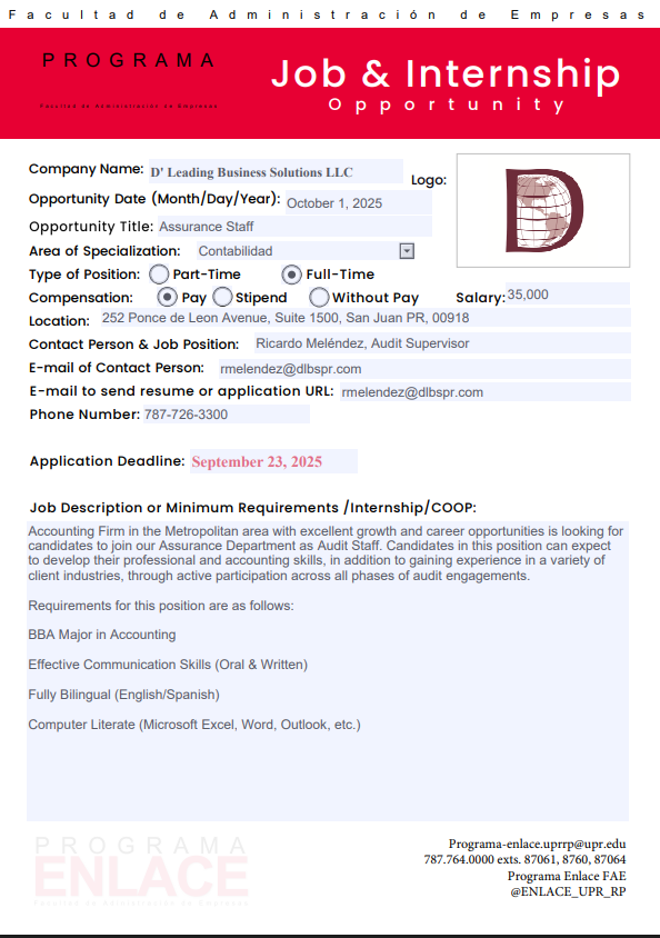 D' Leading Business Solutions LLC FT Jobs 10 sept-2025