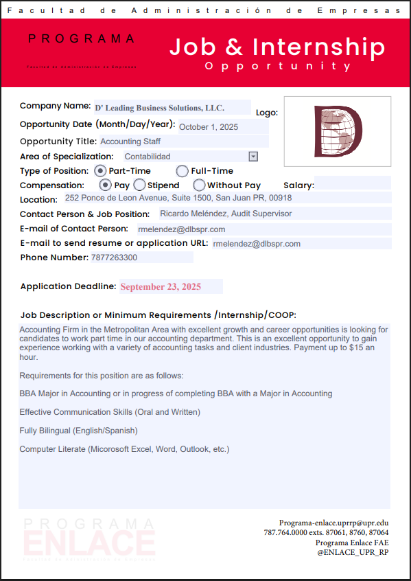 D' Leading Business Solutions LLC PT Jobs 10 sept-2025. Accounting Staff