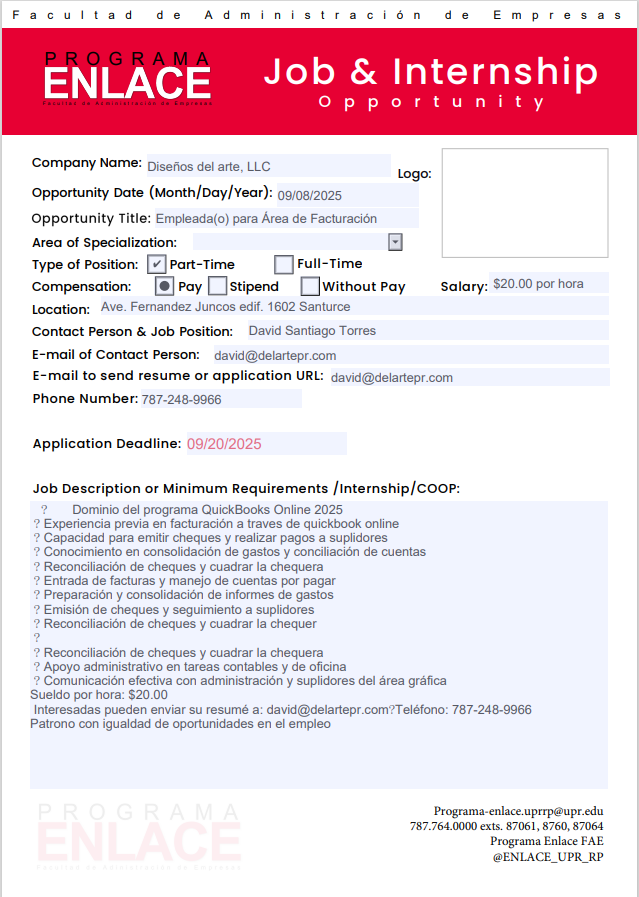 Disenos del Arte, LLC Job, 9sept-2025