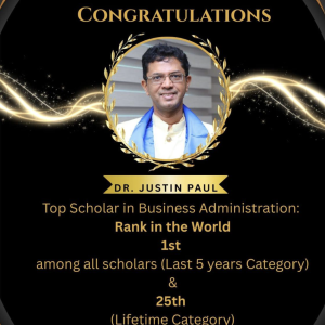 Justin Paul 1st Rank in the Lifetime Category